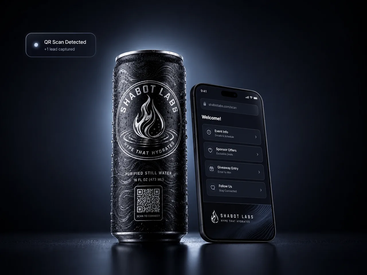Shabot Labs branded can and phone showing the QR scan experience
